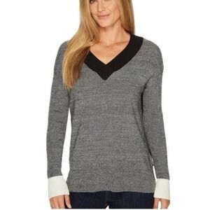 SMARTWOOL Akamina Merino Wool Blend Color Block V-Neck Grey/Black/Cream‎ Sweater